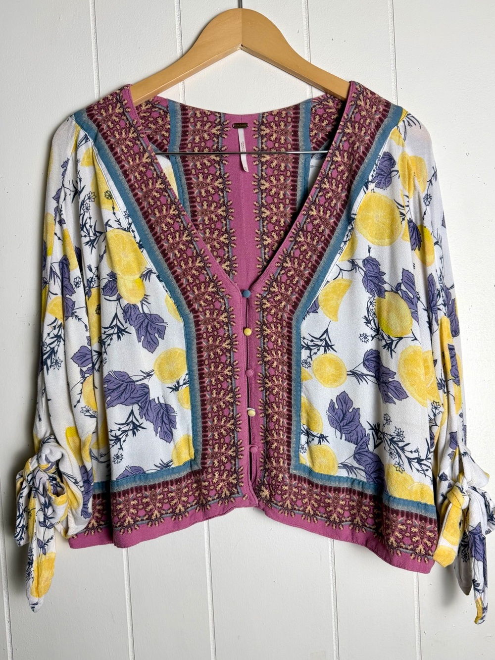 Free People Oversized Lemon Print Tie Cuff Blouse size XS